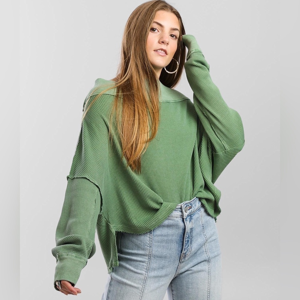Free People - Close To You Waffle Cool Moss Off The Shoulder Long Sleeve Top SM